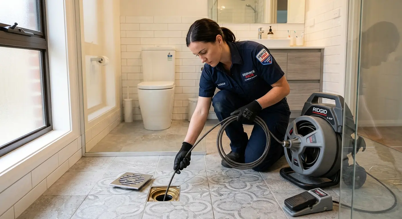 Technician clearing a bathroom floor drain for Hydro Jetting in Mobile